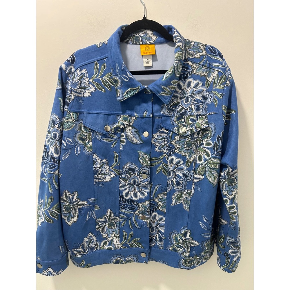 Ruby Rd Blue Floral Sueded Trucker Jacket Womens 16 Button Front 33532 JR